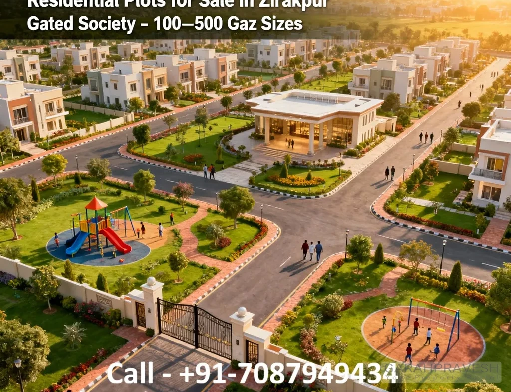 Aerial view of RERA-approved residential plots for sale in Zirakpur showcasing 100–500 gaz gated society layout with wide roads, green parks, clubhouse, CCTV security, and modern township amenities.