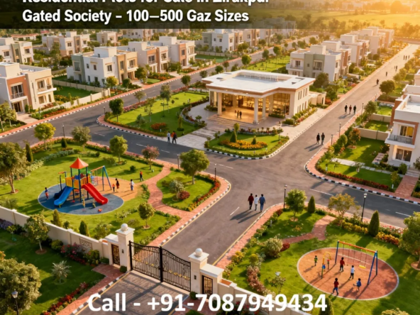 Aerial view of RERA-approved residential plots for sale in Zirakpur showcasing 100–500 gaz gated society layout with wide roads, green parks, clubhouse, CCTV security, and modern township amenities.