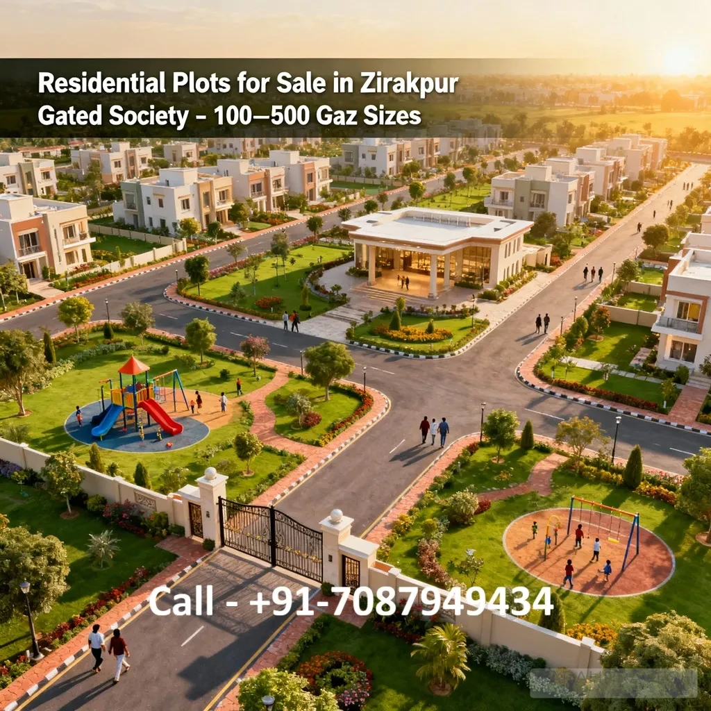 Aerial view of RERA-approved residential plots for sale in Zirakpur showcasing 100–500 gaz gated society layout with wide roads, green parks, clubhouse, CCTV security, and modern township amenities.
