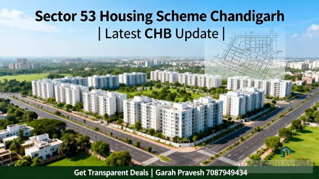 Aerial view of Sector 53 Chandigarh housing scheme, showing modern apartments, greenery, and real-estate layout with Garah Pravesh contact info.