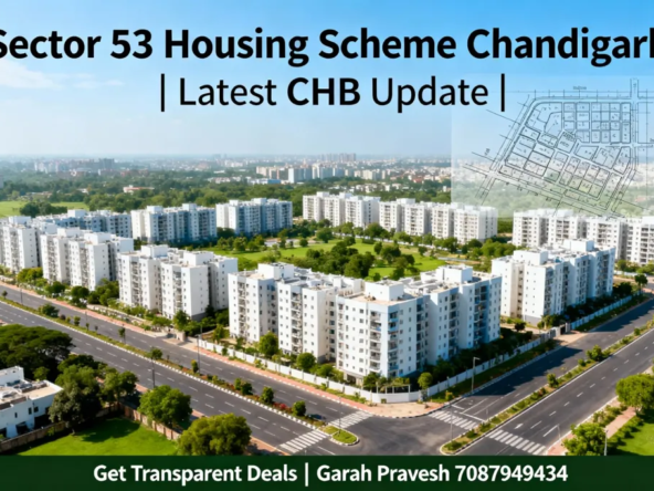 Aerial view of Sector 53 Chandigarh housing scheme, showing modern apartments, greenery, and real-estate layout with Garah Pravesh contact info.