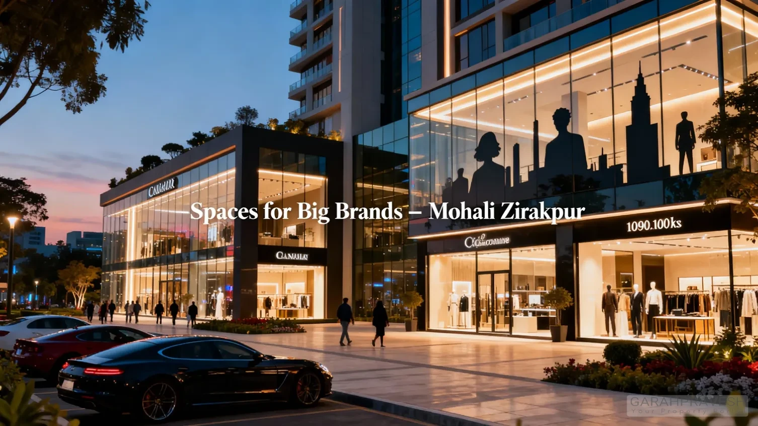 Premium commercial spaces for big brands in Mohali Zirakpur featuring modern glass showrooms, retail fronts, and high-street business development.