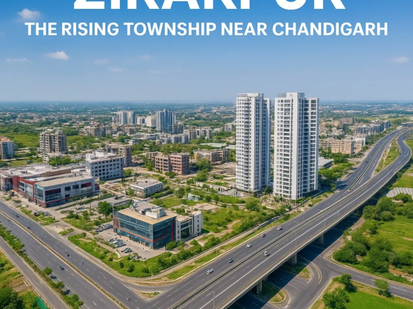 Aerial view of Zirakpur near Chandigarh showing modern apartments, highways, and commercial hubs representing the city’s real estate growth in 2025.