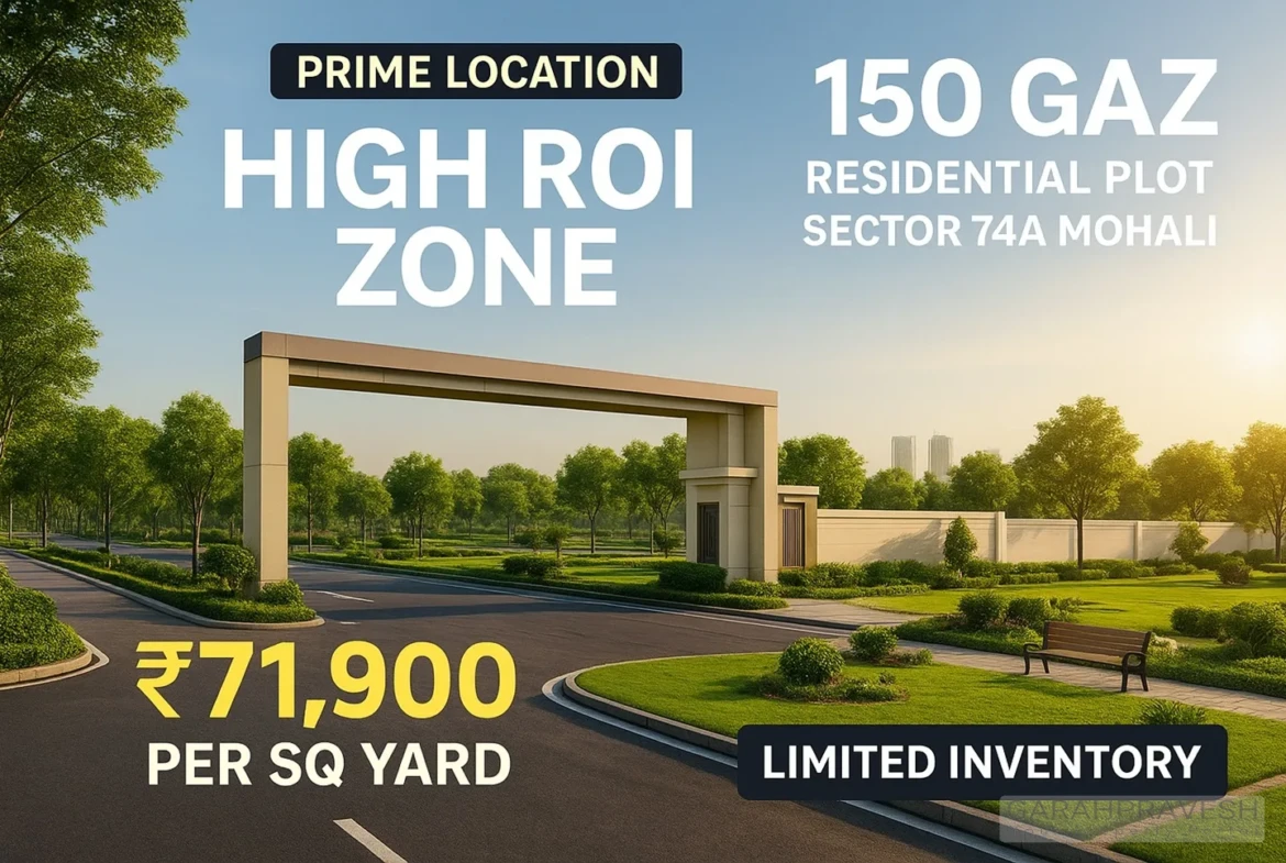 “150 Gaz residential plot for sale in Sector 74A Mohali with prime location, top amenities, and high investment potential at ₹71,900 per sq yard – contact Garah Pravesh 7087949434.”