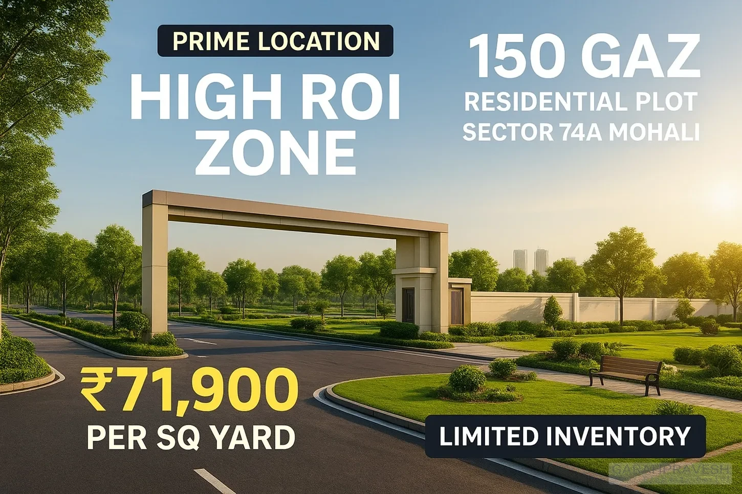 “150 Gaz residential plot for sale in Sector 74A Mohali with prime location, top amenities, and high investment potential at ₹71,900 per sq yard – contact Garah Pravesh 7087949434.”