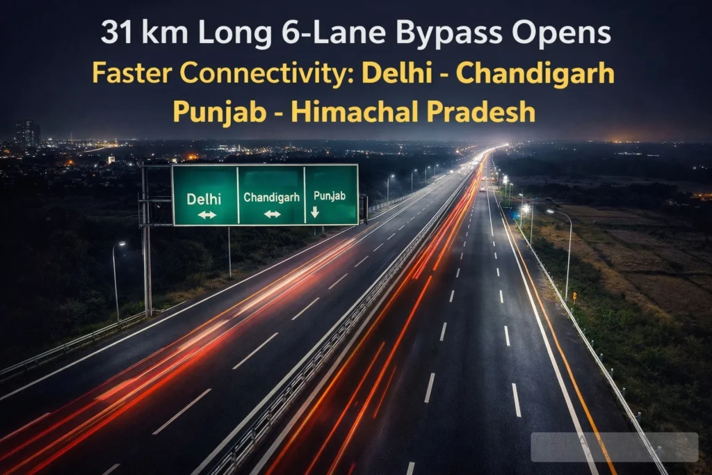 31 km long 6-lane bypass highway connecting Chandigarh, Punjab, Himachal Pradesh and Delhi, showcasing faster connectivity and reduced travel time at night.