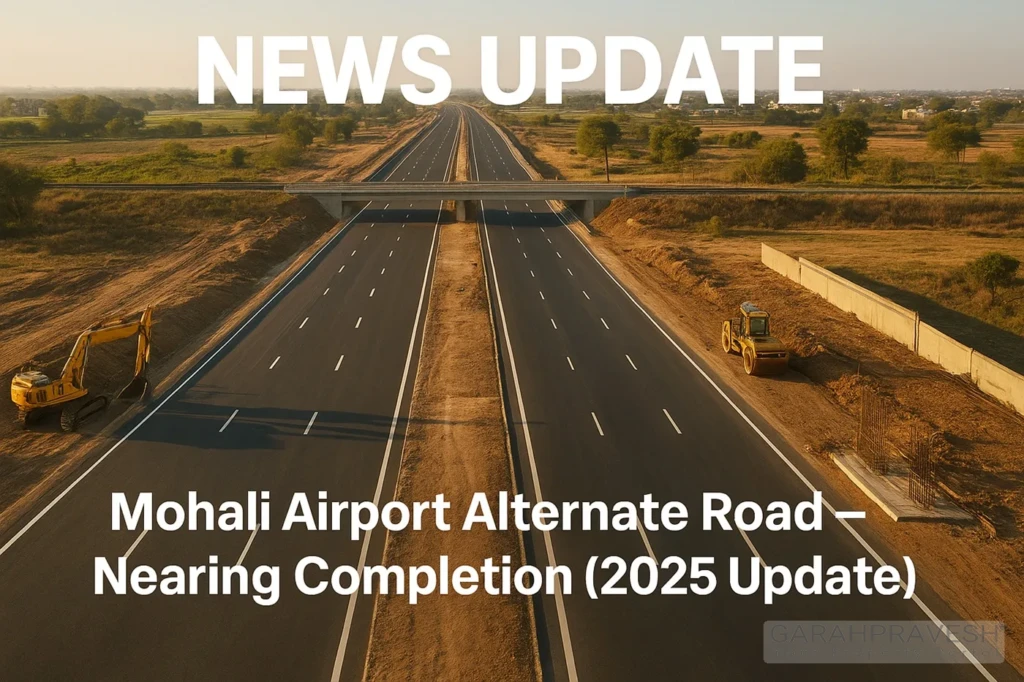 Construction view of the alternate road to Mohali Airport nearing completion, showing railway underpass work and road development progress for improved connectivity by GMADA.