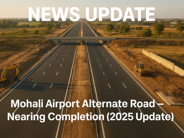 Construction view of the alternate road to Mohali Airport nearing completion, showing railway underpass work and road development progress for improved connectivity by GMADA.