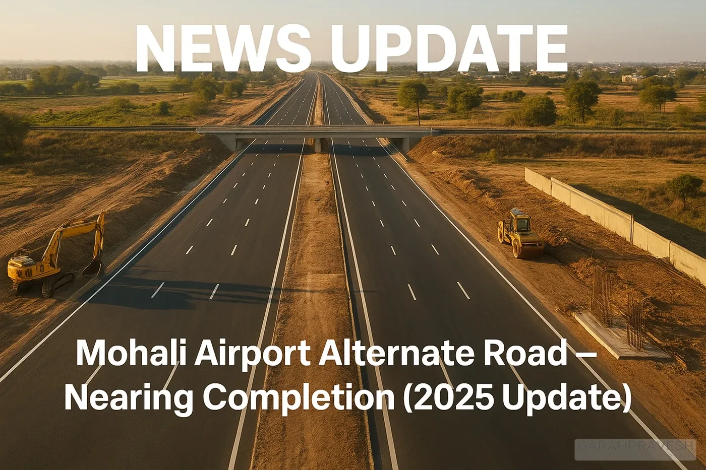 Construction view of the alternate road to Mohali Airport nearing completion, showing railway underpass work and road development progress for improved connectivity by GMADA.