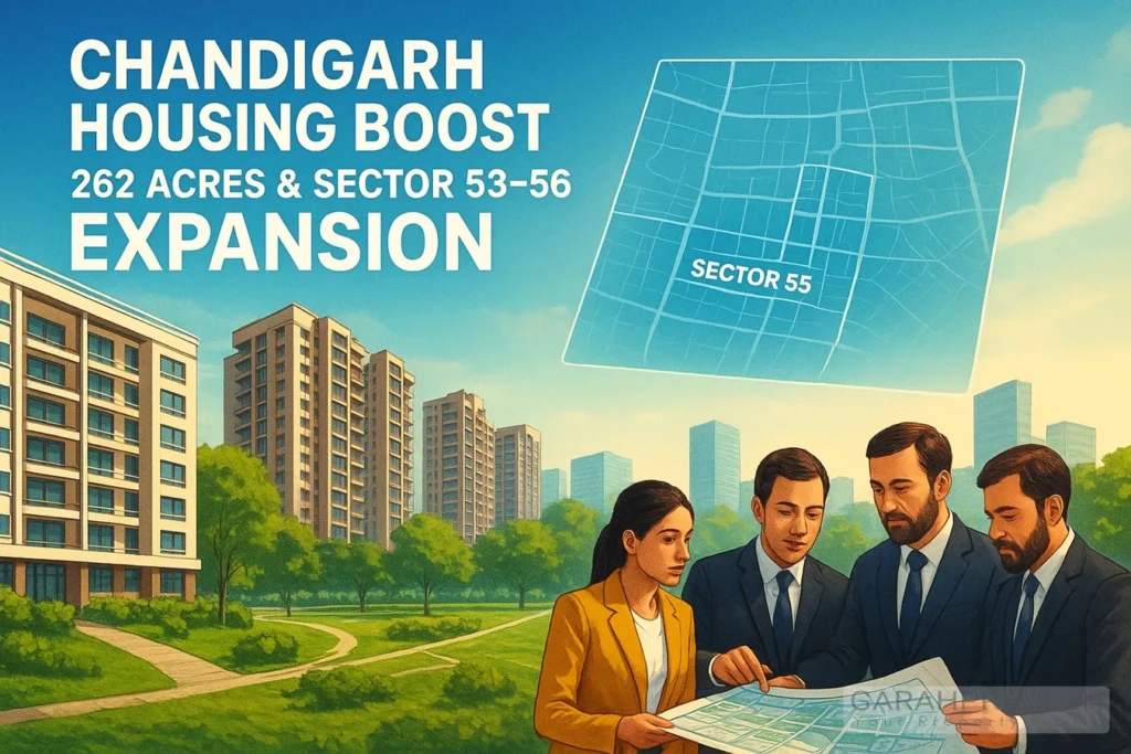“Chandigarh government housing and group housing expansion plan showing Sectors 53–56 and 262-acre development proposal with officials reviewing layouts.”