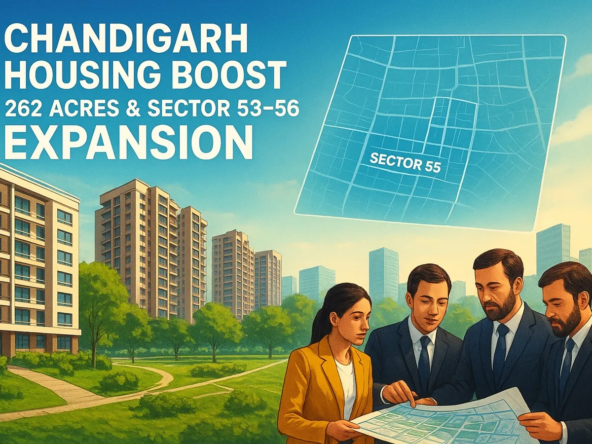 “Chandigarh government housing and group housing expansion plan showing Sectors 53–56 and 262-acre development proposal with officials reviewing layouts.”