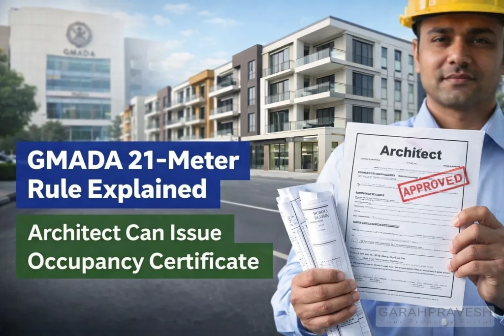 GMADA 21 meter building approval rule explained, showing an architect holding an approved occupancy certificate for a low-rise building under GMADA norms