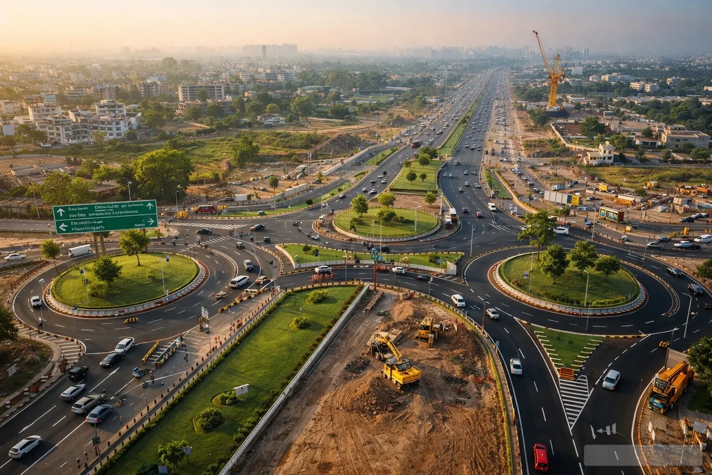 Aerial view of GMADA constructing three dumbbell-shaped roundabouts on Airport Road, Mohali to reduce traffic congestion and improve road safety.