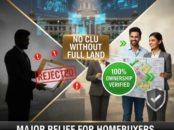 Punjab Government’s new 100% land ownership policy explained with builder holding rejected land documents and approved ownership papers, highlighting no CLU without full land.