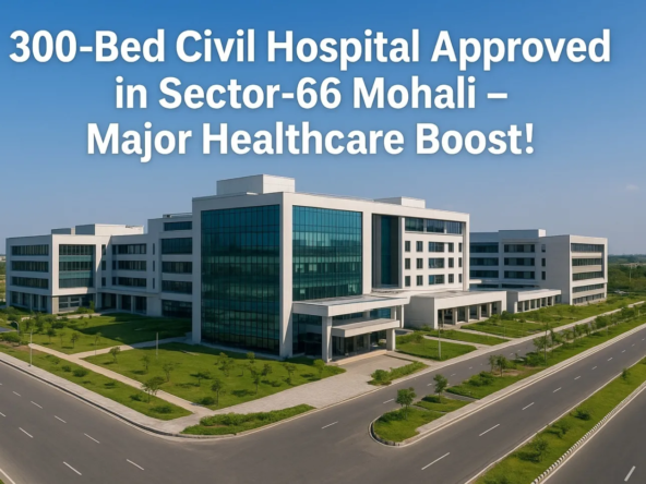 “Aerial view of the newly approved 300-bed Civil Hospital in Sector-66 Mohali, showing modern multi-storey medical infrastructure, glass façade, landscaped green areas, and wide Airport Road in daylight.”