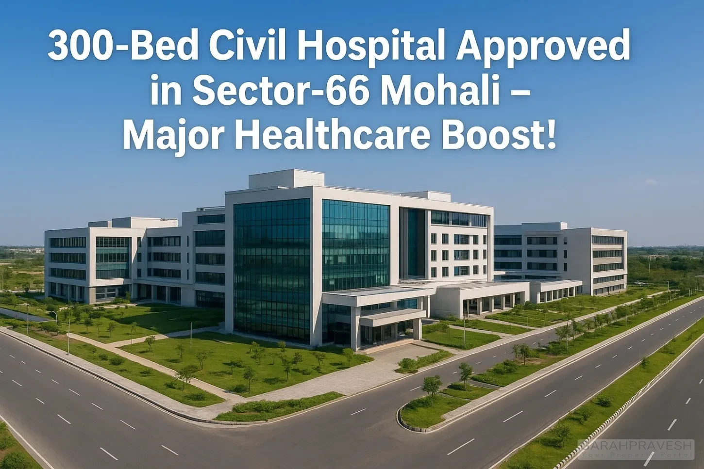 “Aerial view of the newly approved 300-bed Civil Hospital in Sector-66 Mohali, showing modern multi-storey medical infrastructure, glass façade, landscaped green areas, and wide Airport Road in daylight.”