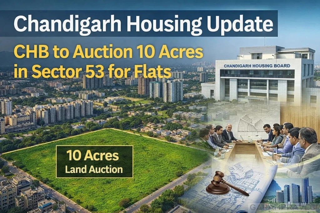 Chandigarh Housing Board announces auction of 10 acres in Sector 53 for private housing flats, showing highlighted land parcel and CHB building.