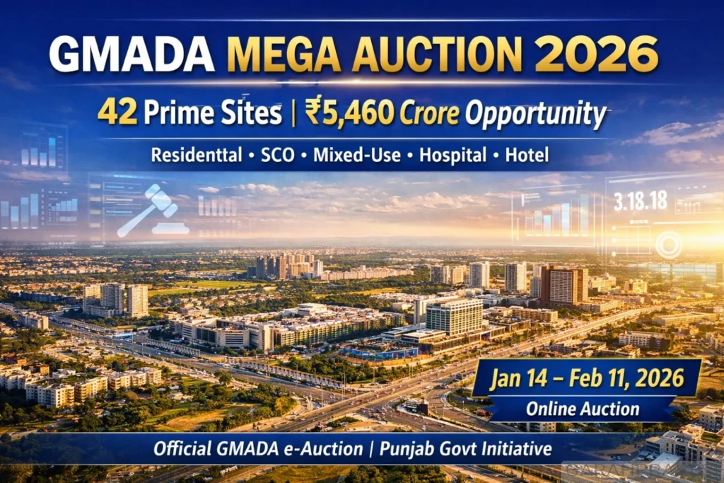 GMADA Mega Auction 2026 featured image showing Greater Mohali skyline highlighting 42 prime residential, SCO, hospital and hotel sites worth ₹5,460 crore offered via online auction from January 14 to February 11.