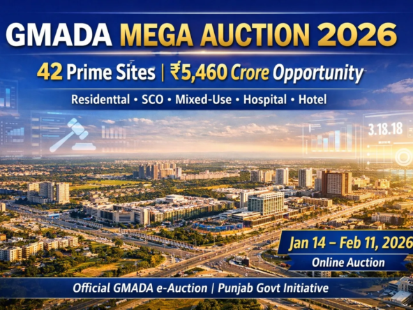 GMADA Mega Auction 2026 featured image showing Greater Mohali skyline highlighting 42 prime residential, SCO, hospital and hotel sites worth ₹5,460 crore offered via online auction from January 14 to February 11.