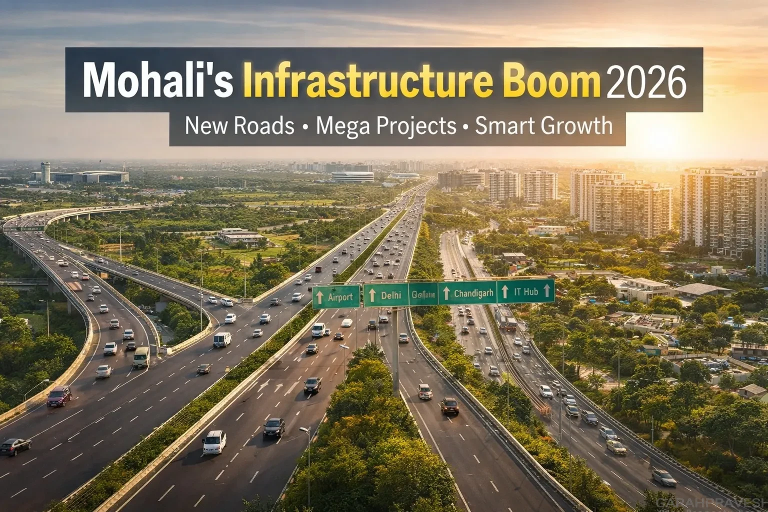 Mohali infrastructure boom showcasing six-lane bypass, Airport Road expressway, modern flyovers, eco-city development and smart urban growth in 2026.
