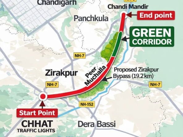 Detailed map showing the proposed 19.2 km Zirakpur–Panchkula bypass from CHHAT traffic lights to Chandi Mandir with green corridor and NH-5, NH-7 connectivity.