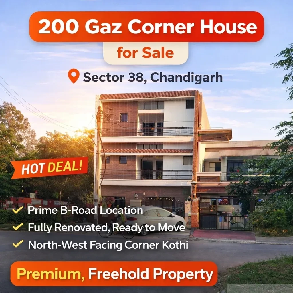 200 gaz 8 marla corner kothi for sale in Sector 38 Chandigarh, north-west facing freehold house on B-road, fully renovated ready to move property