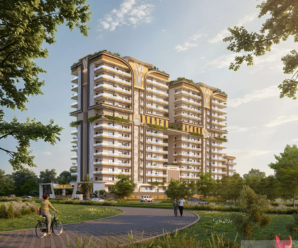 3 BHK luxury apartment for sale in Twin Towers Zirakpur by Aarv Group on High Ground Road with premium amenities and modern high-rise design