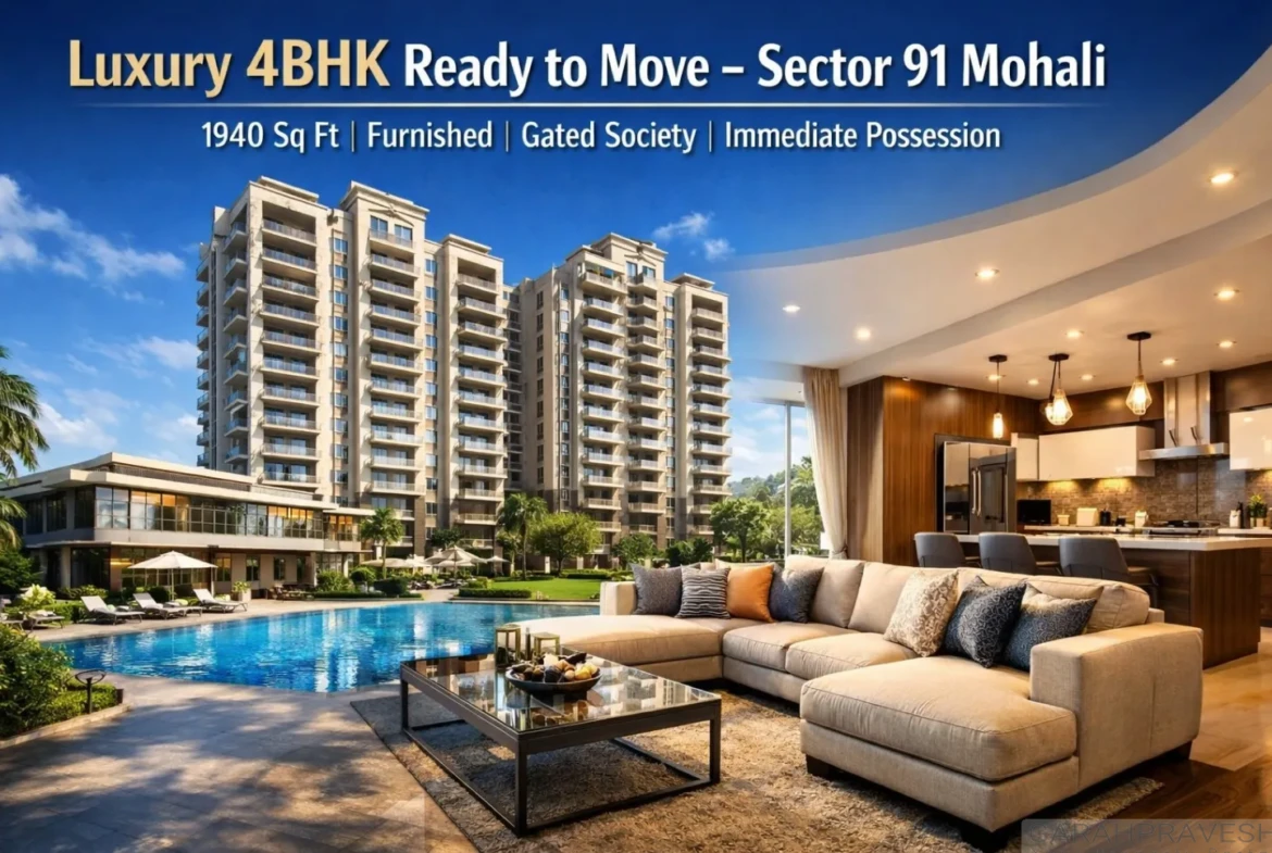 Luxury 4BHK furnished apartment for sale in Savitry Towers Sector 91 Mohali with swimming pool, clubhouse and gated society – 1940 sq ft ready to move resale property.