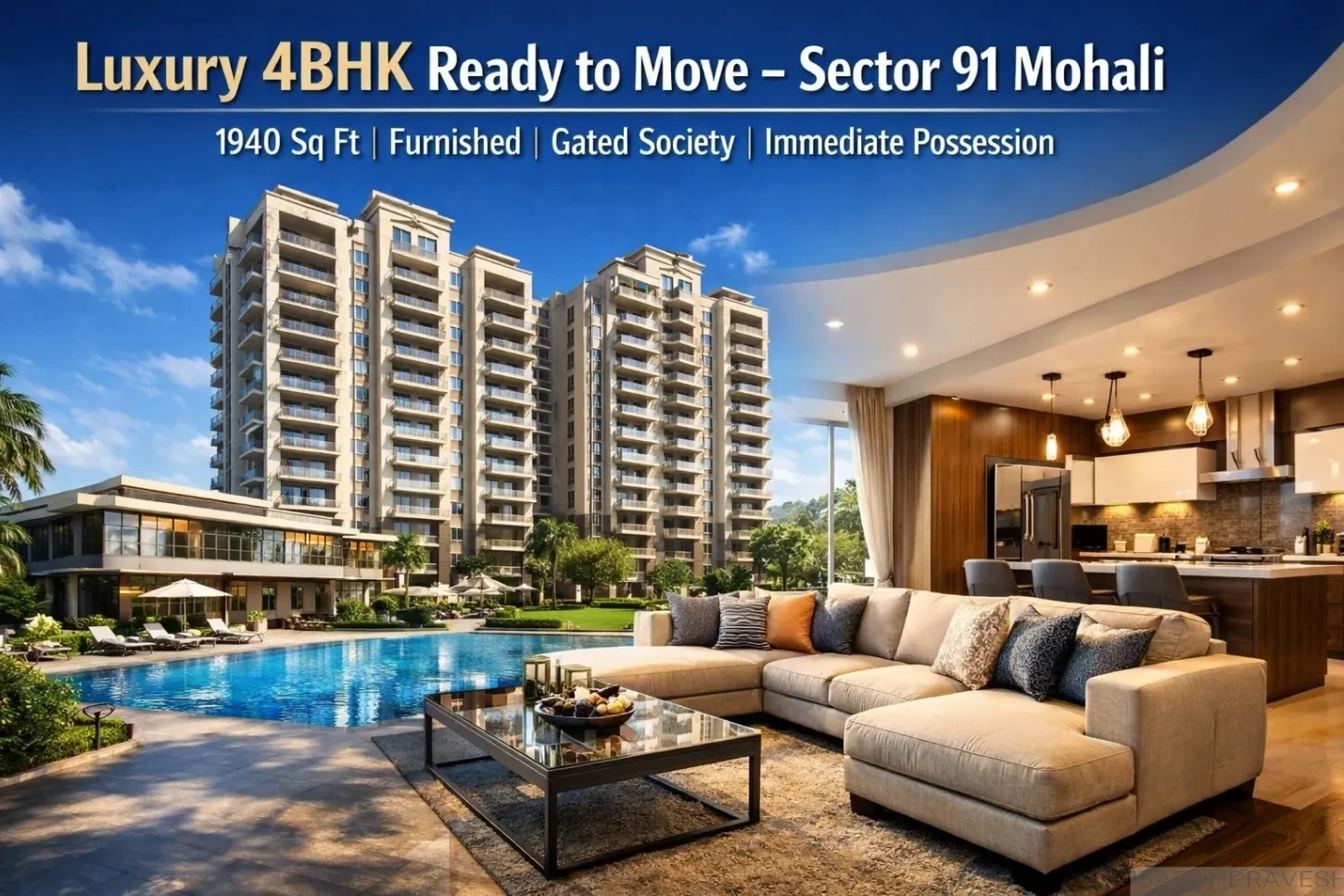 Luxury 4BHK furnished apartment for sale in Savitry Towers Sector 91 Mohali with swimming pool, clubhouse and gated society – 1940 sq ft ready to move resale property.