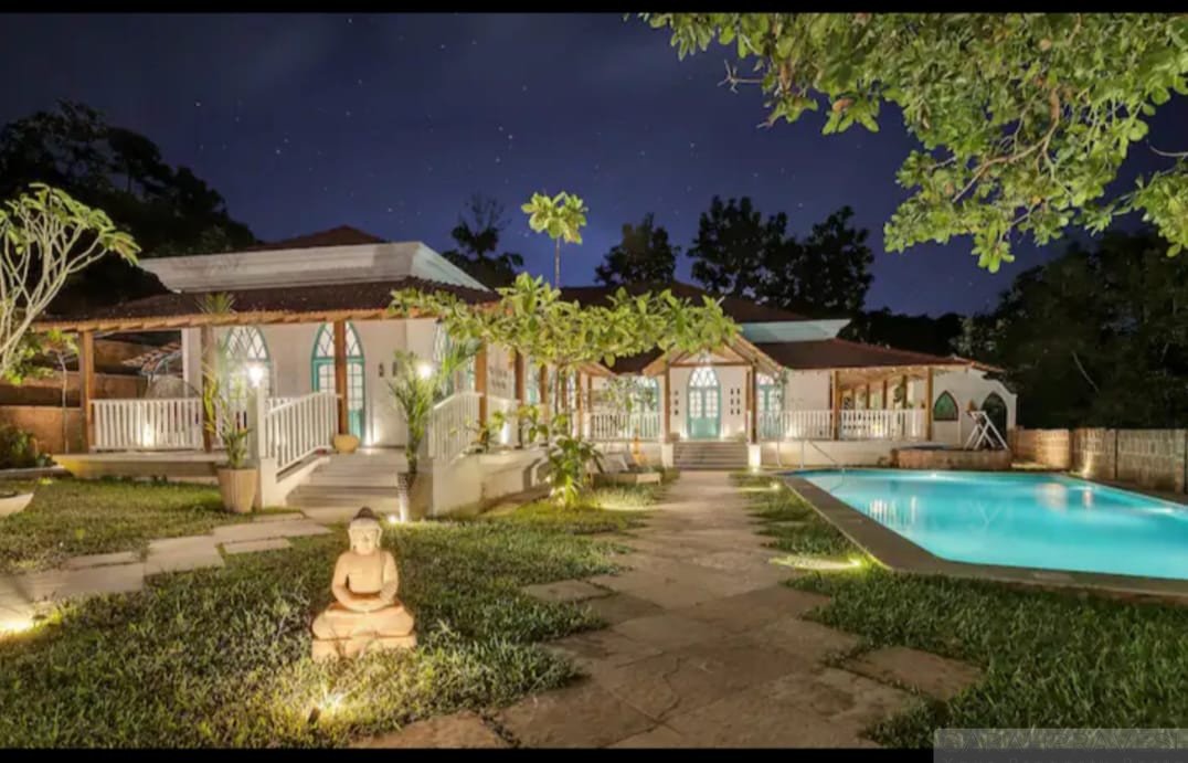 4BHK luxury villa for sale in Nerul North Goa with 14x7m private pool, Portuguese architecture, 1310 sqm standalone estate near Coco Beach