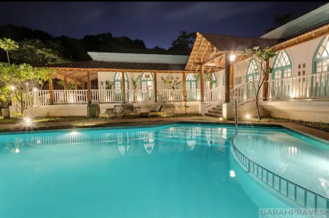 4BHK luxury villa for sale in Nerul North Goa with 14x7m private pool, Portuguese architecture, 1310 sqm standalone estate near Coco Beach