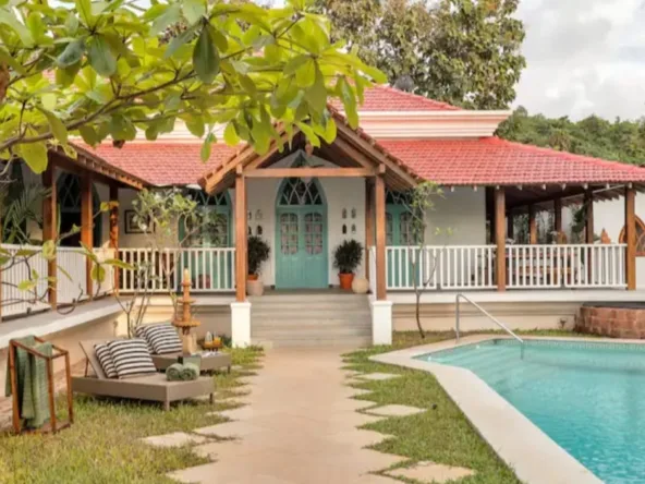 4BHK luxury villa for sale in Nerul North Goa with 14x7m private pool, Portuguese architecture, 1310 sqm standalone estate near Coco Beach