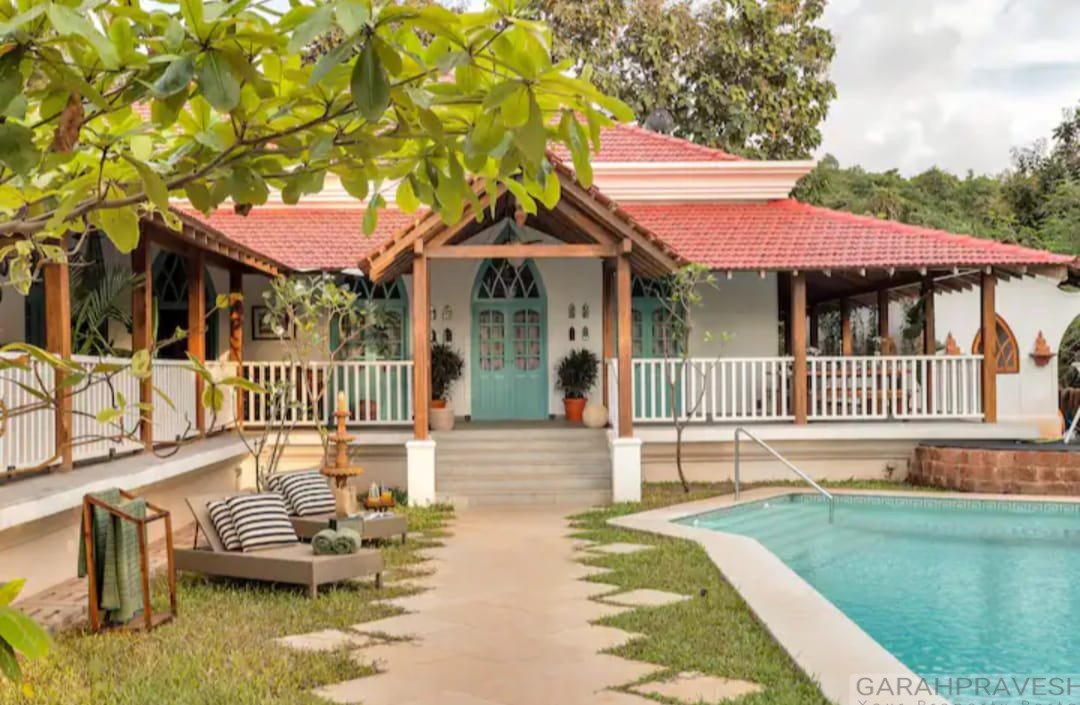 4BHK luxury villa for sale in Nerul North Goa with 14x7m private pool, Portuguese architecture, 1310 sqm standalone estate near Coco Beach