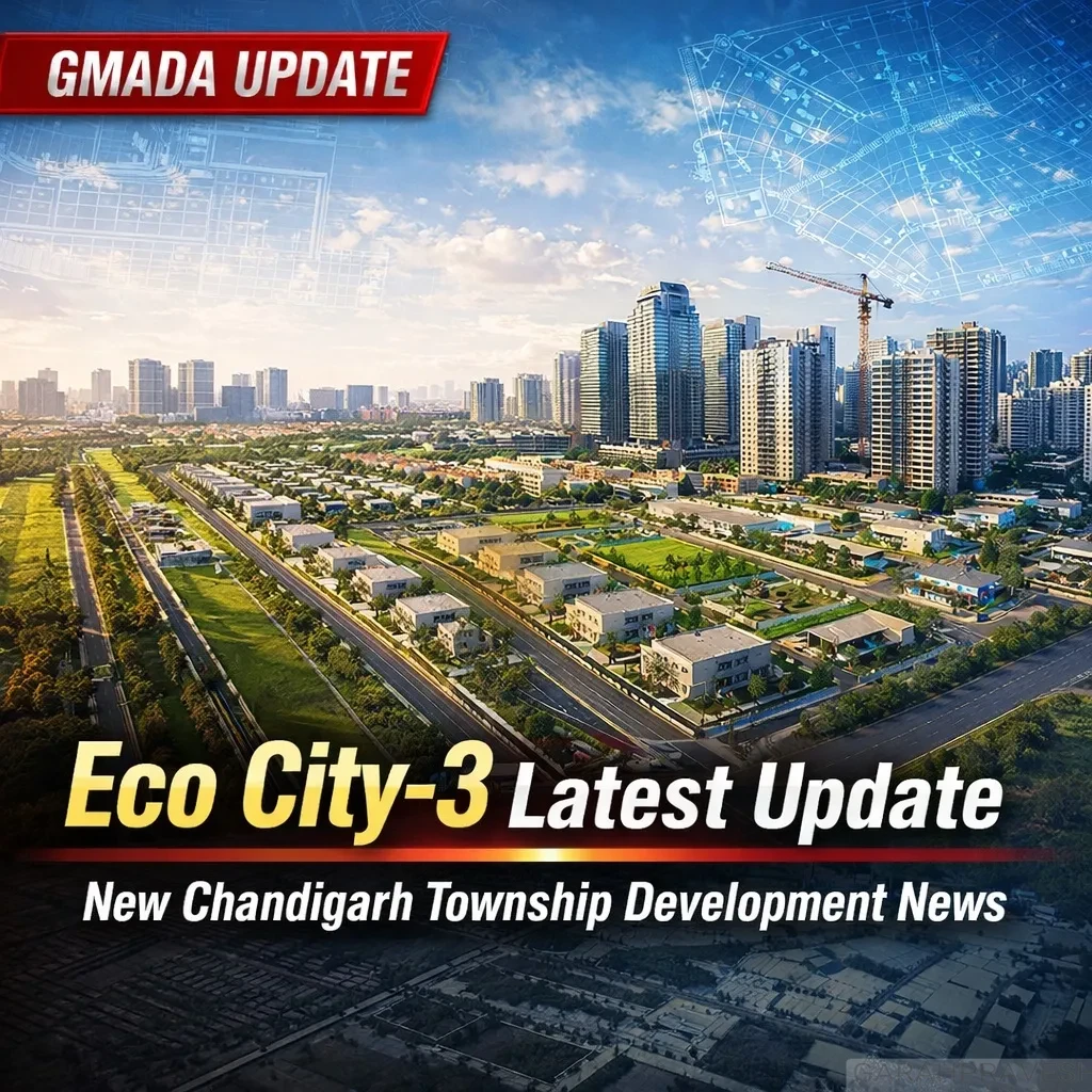 Aerial landscape view of GMADA Eco City-3 New Chandigarh showcasing plotted development, modern high-rise buildings, wide roads, and township planning under latest update.