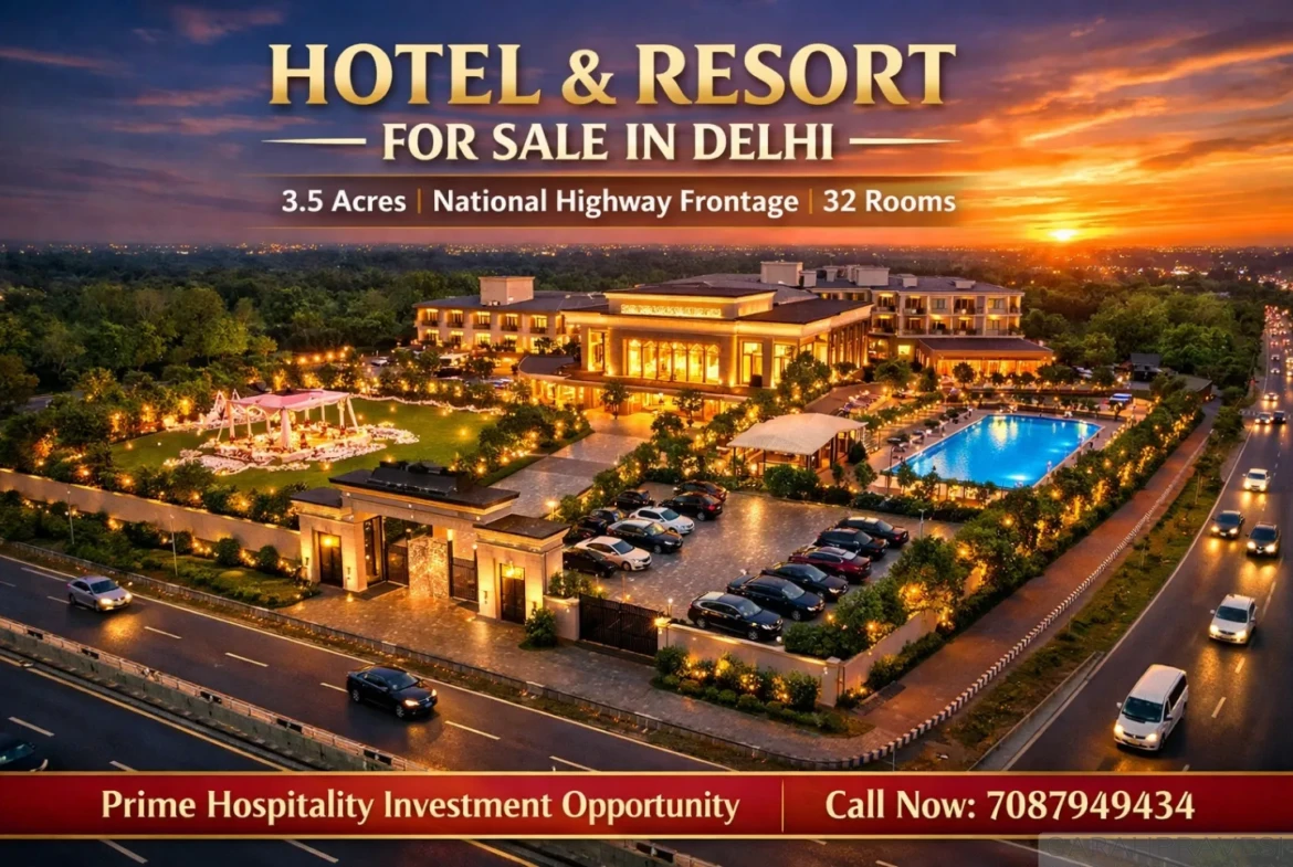Hotel and resort for sale in Delhi on National Highway with 3.5 acres land, 32 rooms, banquet halls, wedding lawns and 300 ft highway frontage