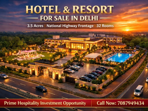 Hotel and resort for sale in Delhi on National Highway with 3.5 acres land, 32 rooms, banquet halls, wedding lawns and 300 ft highway frontage