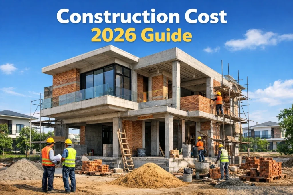 Modern independent house under construction in Mohali Aerocity with workers and scaffolding – 2026 house construction cost guide for Zirakpur and Aerocity