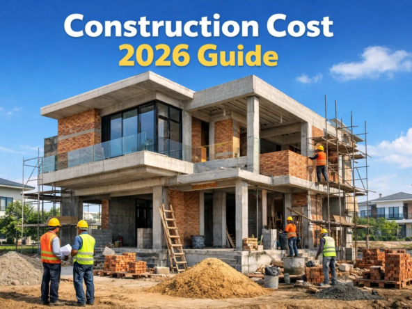 Modern independent house under construction in Mohali Aerocity with workers and scaffolding – 2026 house construction cost guide for Zirakpur and Aerocity