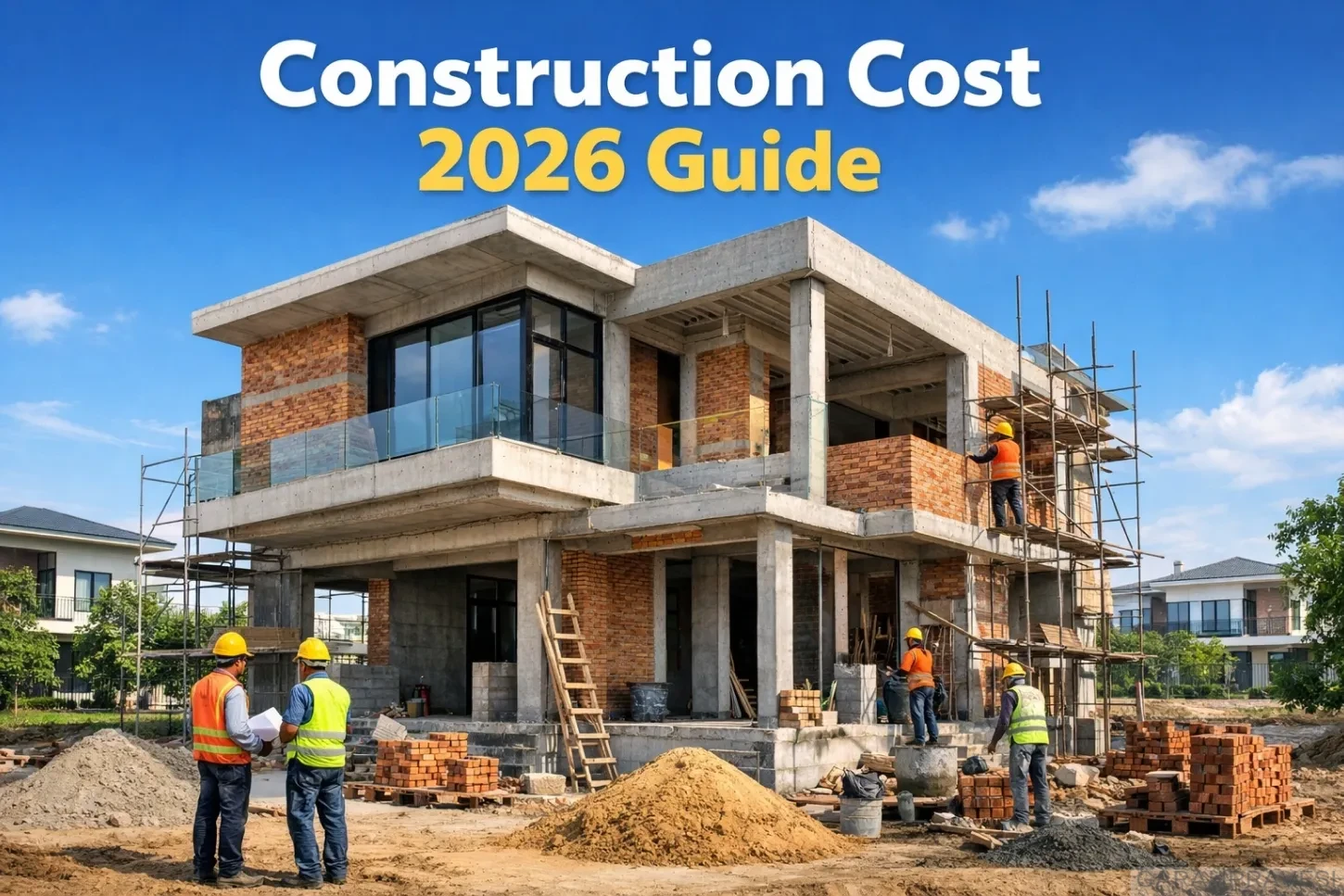 Modern independent house under construction in Mohali Aerocity with workers and scaffolding – 2026 house construction cost guide for Zirakpur and Aerocity