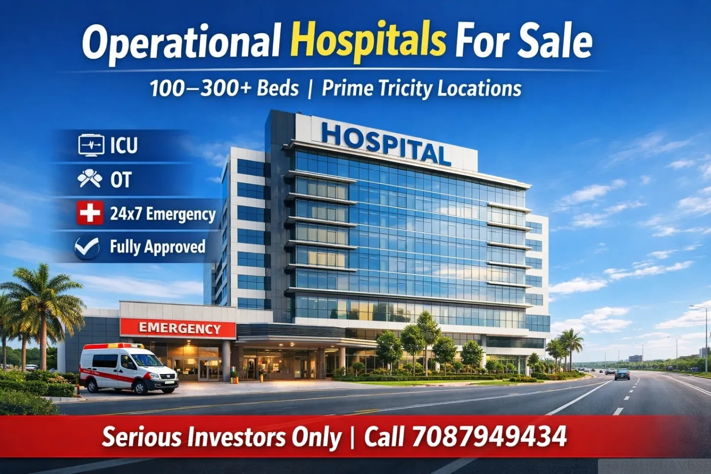 Operational 100 to 300+ bed multi-speciality hospital for sale near Chandigarh with modern infrastructure, ICU, OT, 24x7 emergency, and highway connectivity
