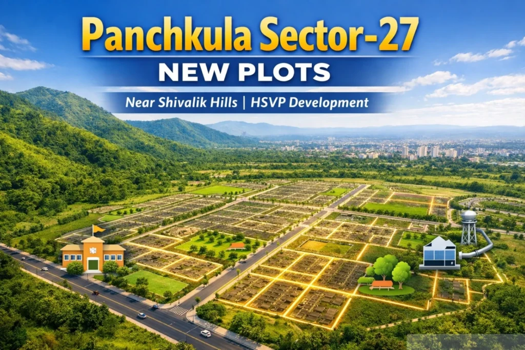 Aerial view of Panchkula Sector-27 new HSVP residential plotted development near Shivalik Hills showing planned layout, roads, and amenities.