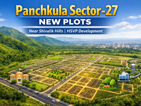 Aerial view of Panchkula Sector-27 new HSVP residential plotted development near Shivalik Hills showing planned layout, roads, and amenities.