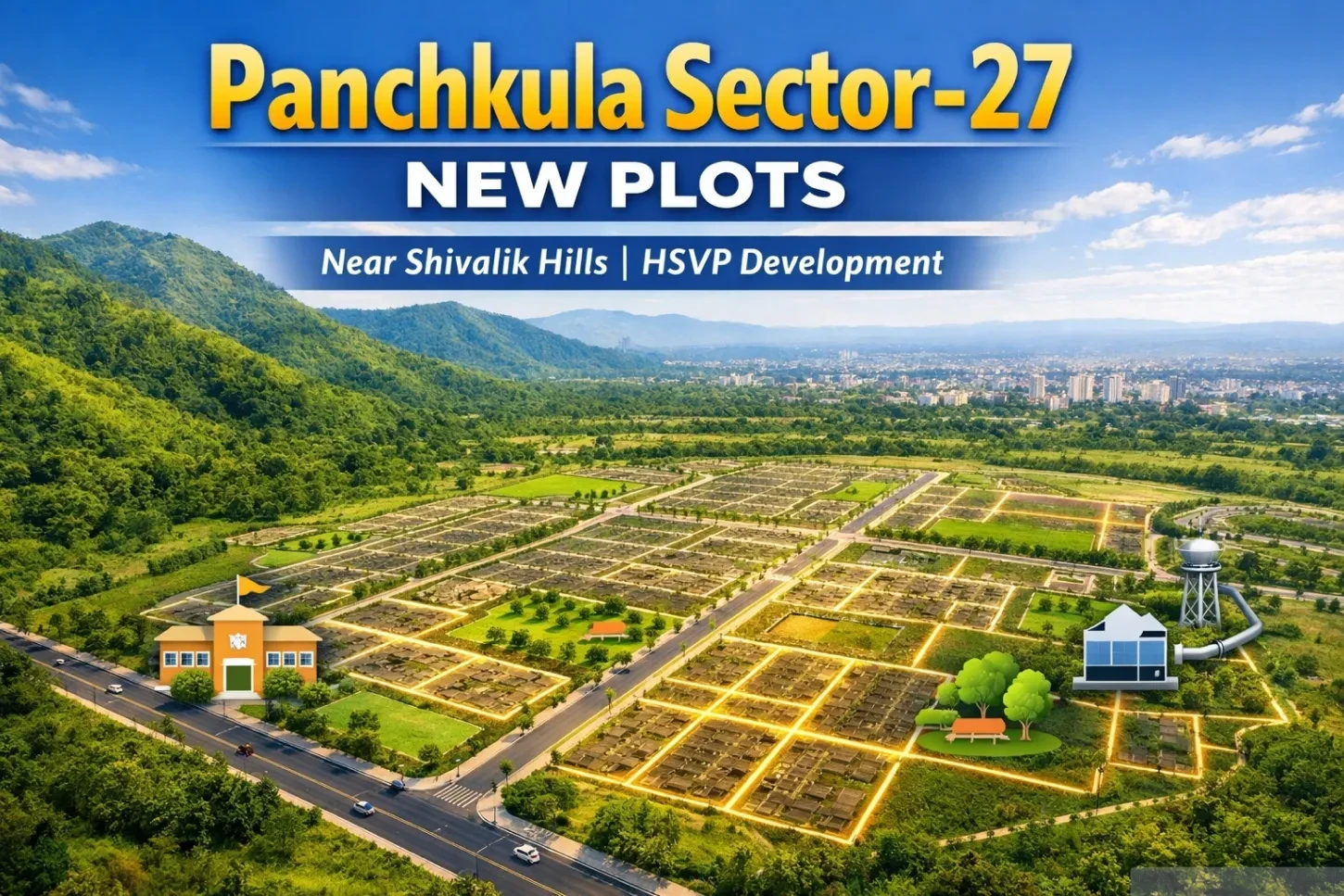 Aerial view of Panchkula Sector-27 new HSVP residential plotted development near Shivalik Hills showing planned layout, roads, and amenities.
