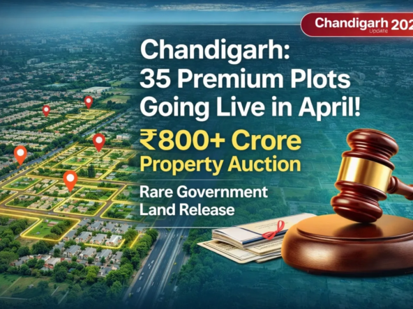 Chandigarh property auction 2026 featuring 35 premium residential and commercial plots worth over 800 crore with highlighted sectors and auction details