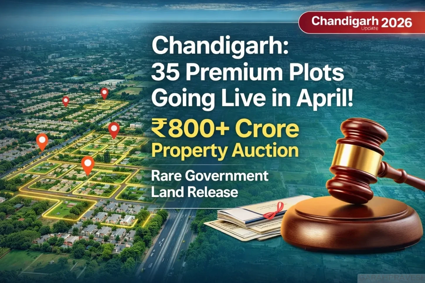 Chandigarh property auction 2026 featuring 35 premium residential and commercial plots worth over 800 crore with highlighted sectors and auction details