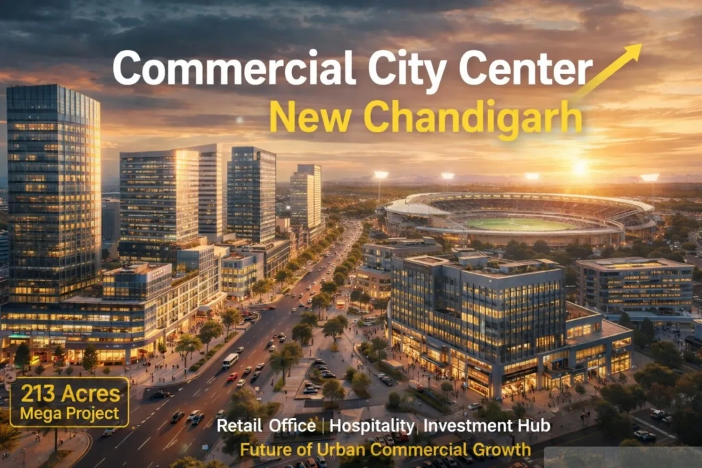 Aerial view of Commercial City Center New Chandigarh near cricket stadium showcasing 213-acre GMADA commercial development with retail, offices and hotels.