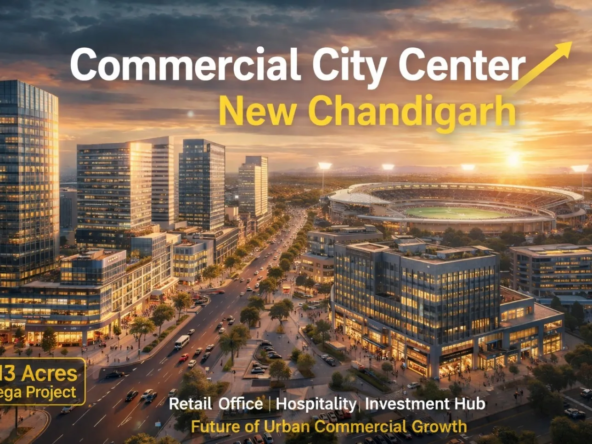 Aerial view of Commercial City Center New Chandigarh near cricket stadium showcasing 213-acre GMADA commercial development with retail, offices and hotels.