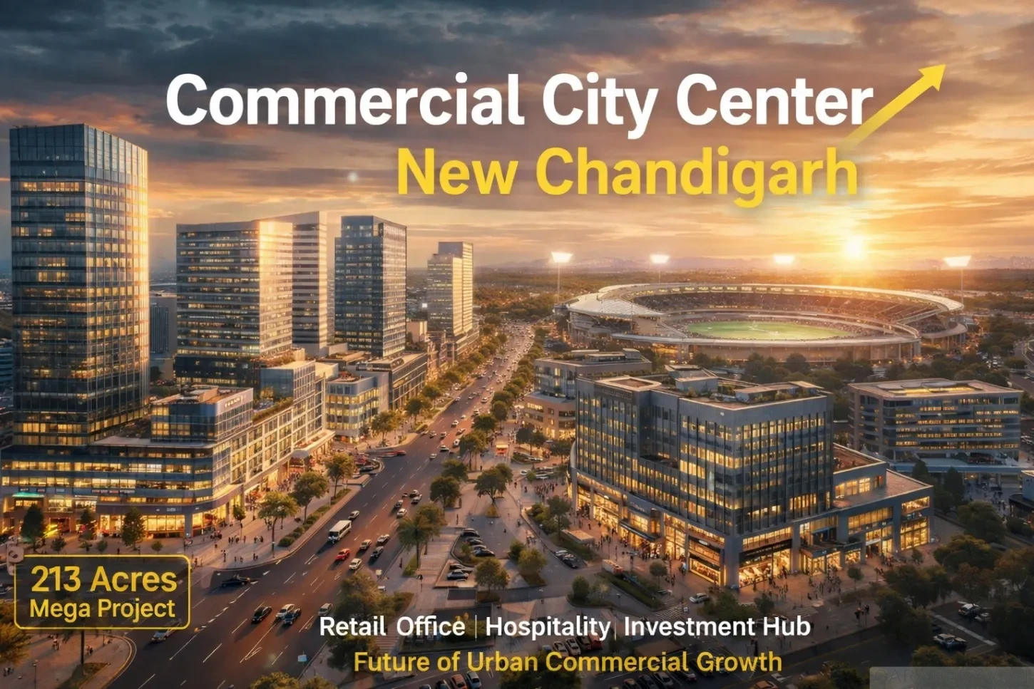 Aerial view of Commercial City Center New Chandigarh near cricket stadium showcasing 213-acre GMADA commercial development with retail, offices and hotels.