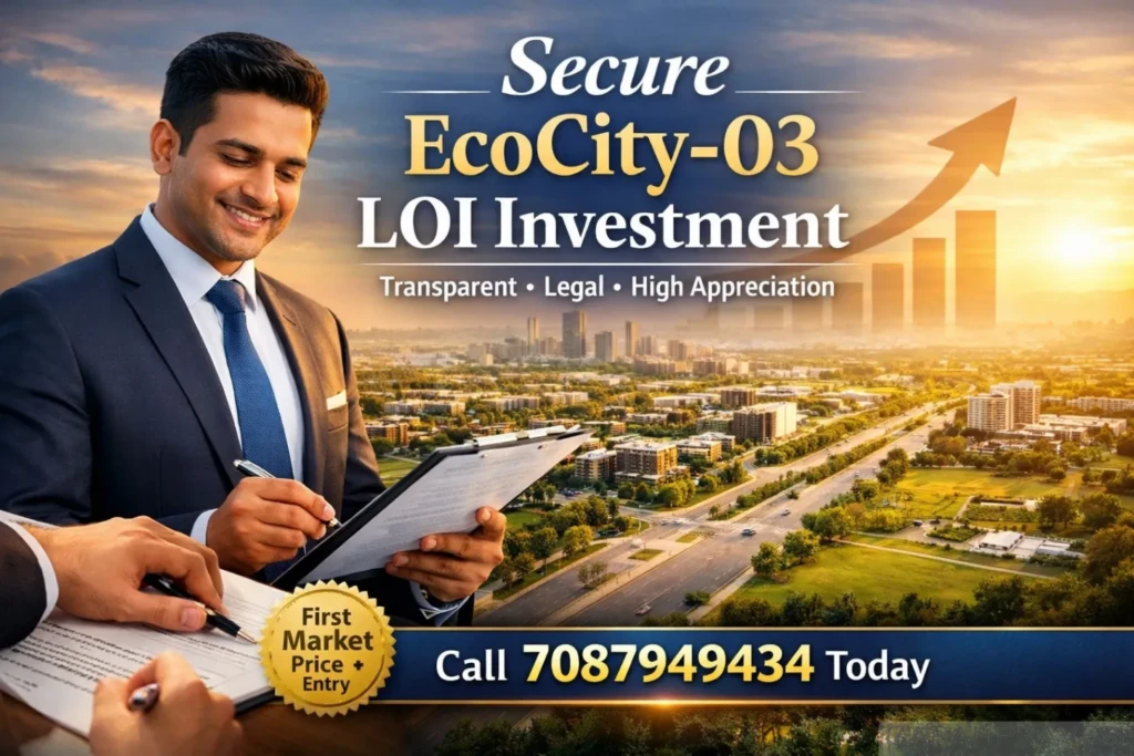EcoCity 03 LOI investment in New Chandigarh showing investor signing legal documents with township background and growth chart for secure property appreciation.