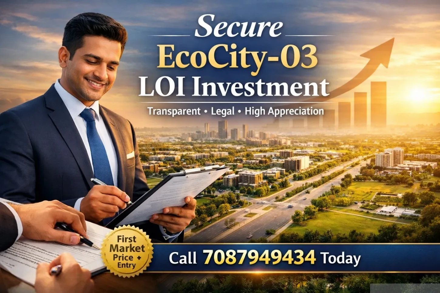 EcoCity 03 LOI investment in New Chandigarh showing investor signing legal documents with township background and growth chart for secure property appreciation.